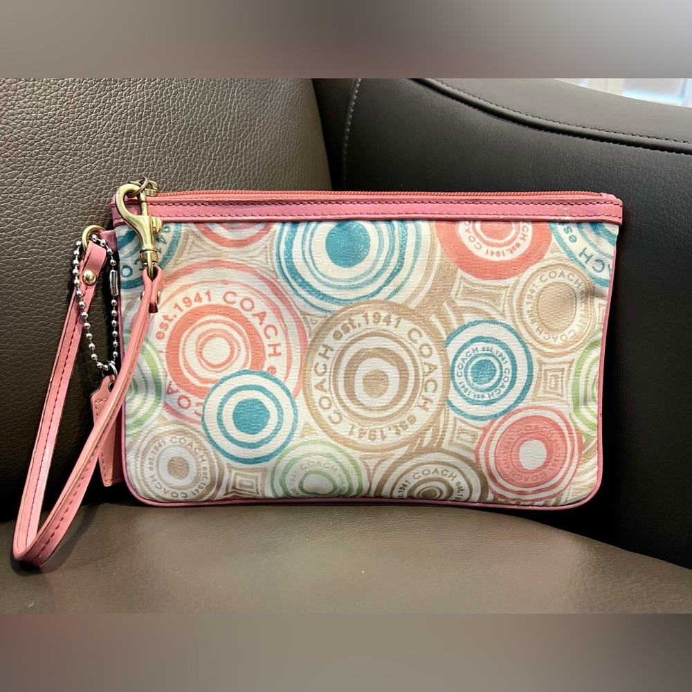 Coach Signature Circle Wristlet Pink Blue Green Tan